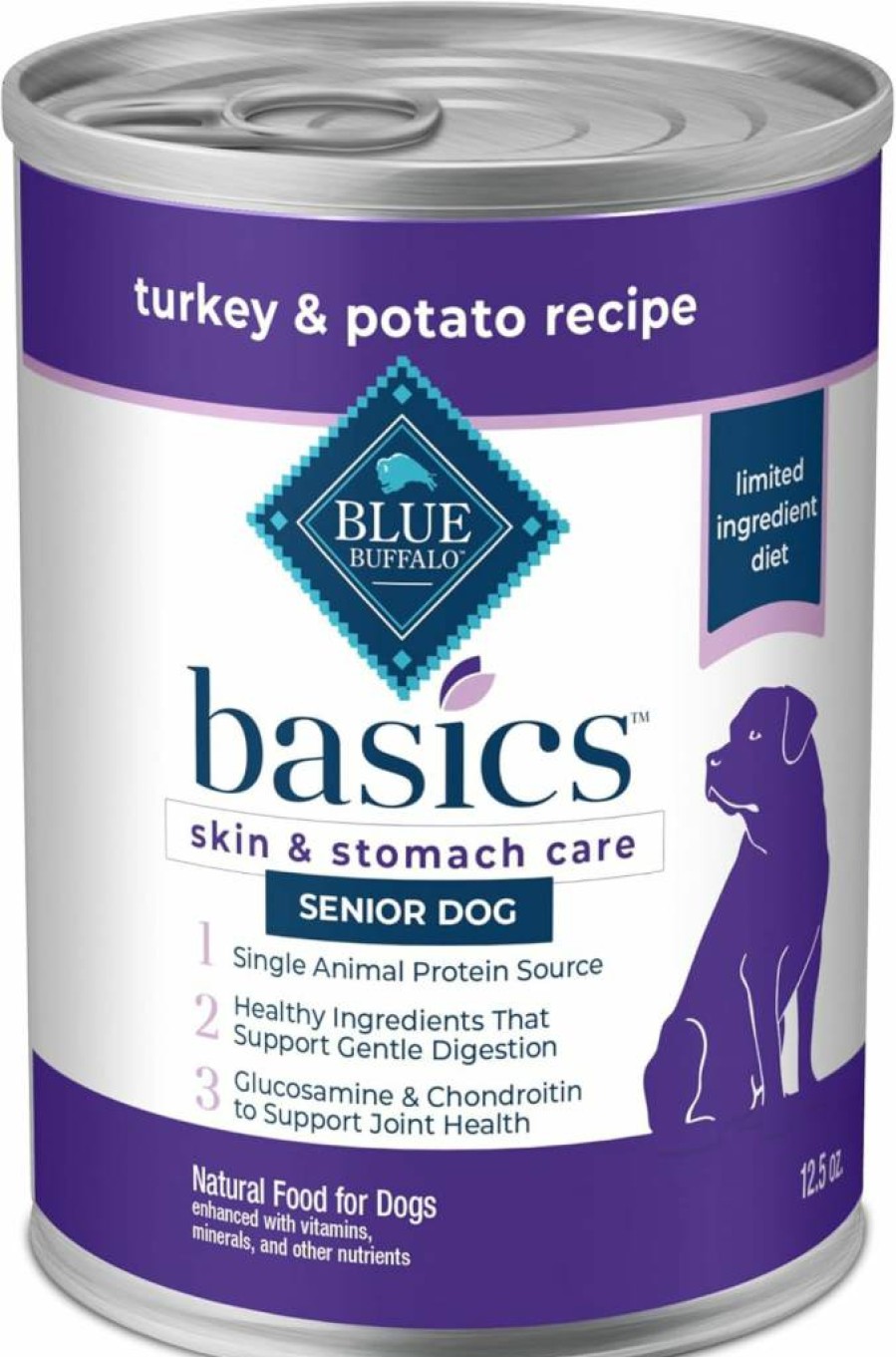 Blue Buffalo Basics Limited Ingredient Grain-Free Senior Wet Dog Food, Turkey Recipe for Skin & Stomach Care, 12.5-Oz Cans (12-Pack)