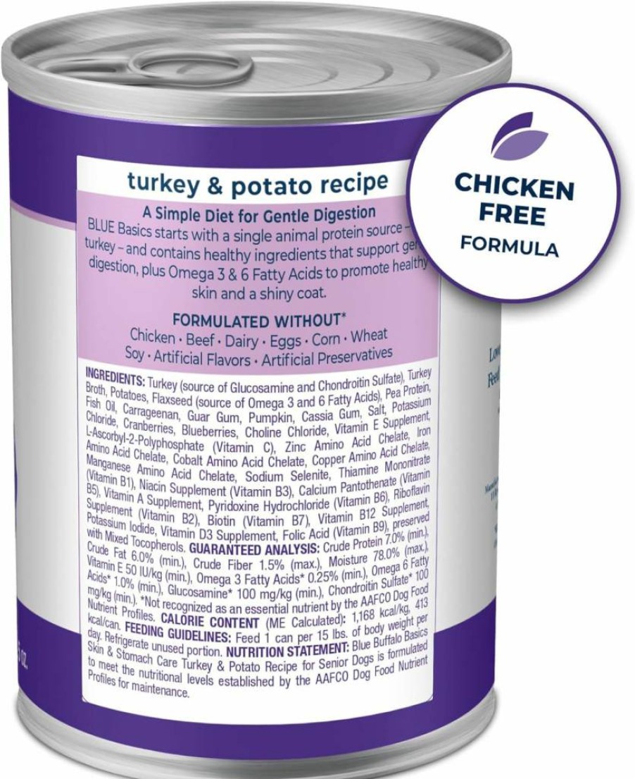 Blue Buffalo Basics Limited Ingredient Grain-Free Senior Wet Dog Food, Turkey Recipe for Skin & Stomach Care, 12.5-Oz Cans (12-Pack)