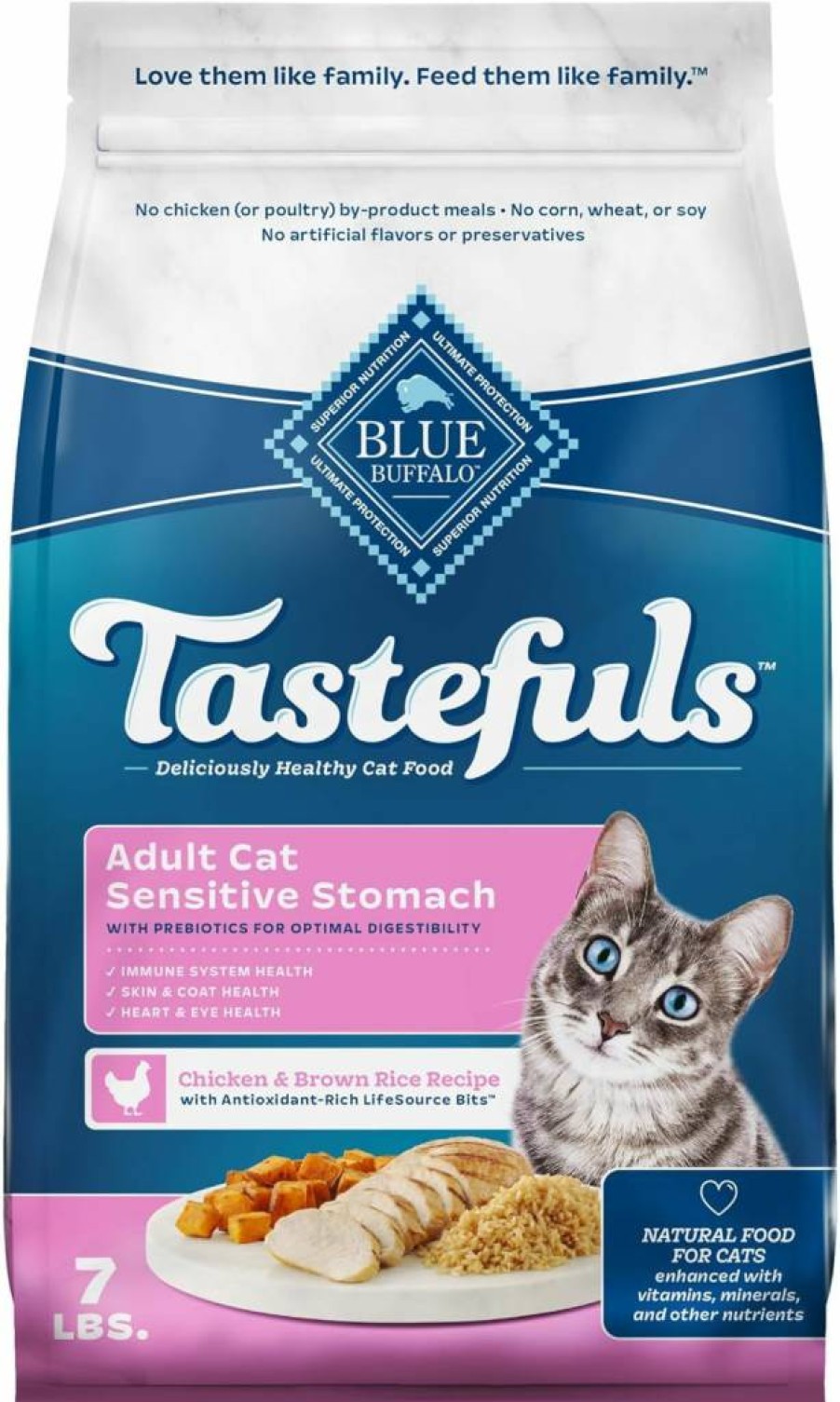 Blue Buffalo Tastefuls Natural Adult Cat Food for Sensitive Stomachs - Chicken & Brown Rice Recipe, 15lb Dry Food Bag