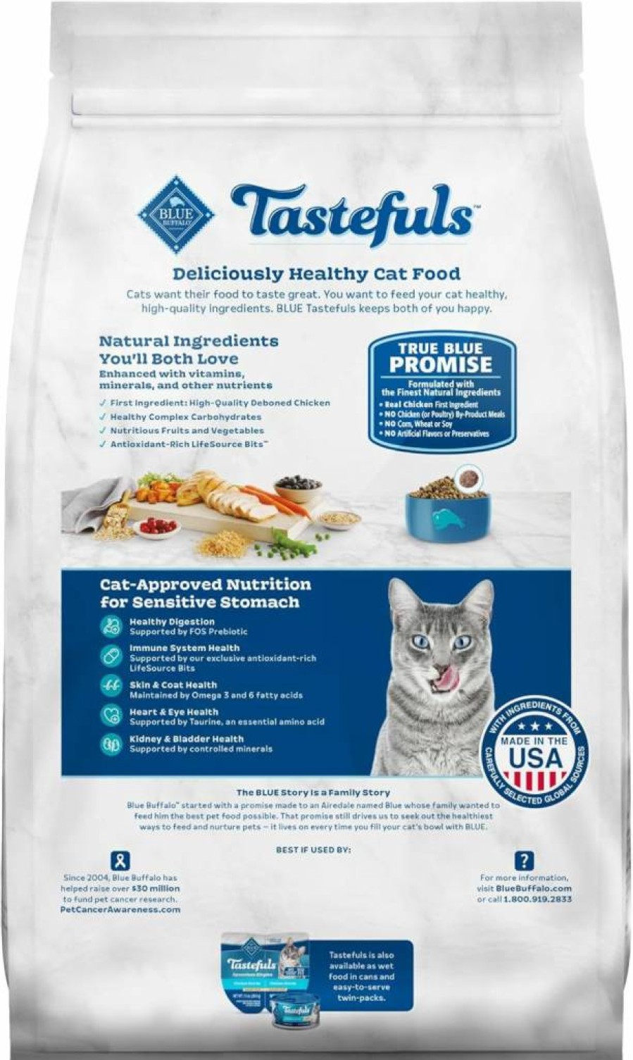 Blue Buffalo Tastefuls Natural Adult Cat Food for Sensitive Stomachs - Chicken & Brown Rice Recipe, 15lb Dry Food Bag