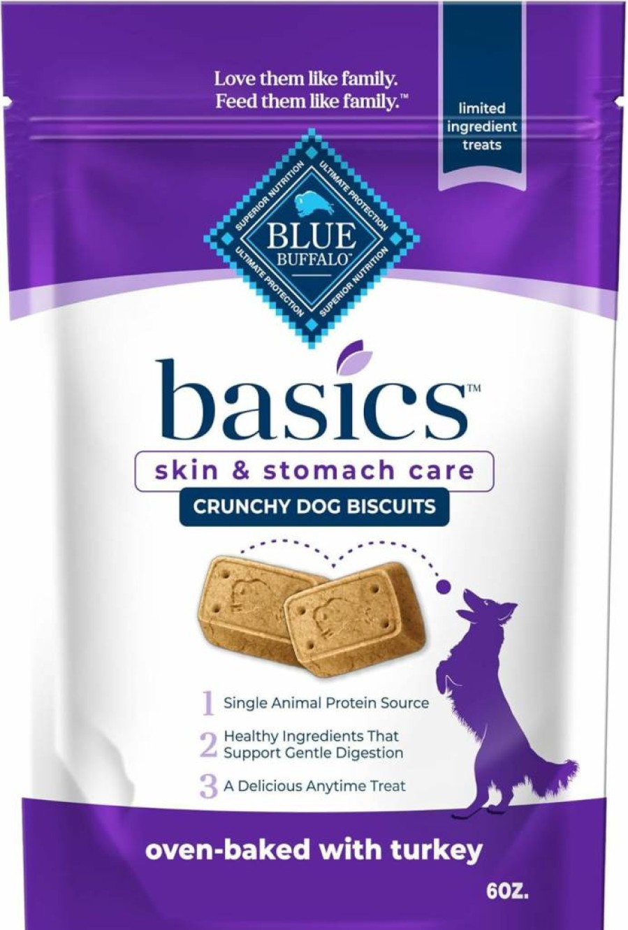 Blue Buffalo Basics Limited Ingredient Dog Treats, Turkey Recipe, 6oz Bag - Grain Free Crunchy Biscuits for Skin & Stomach Care