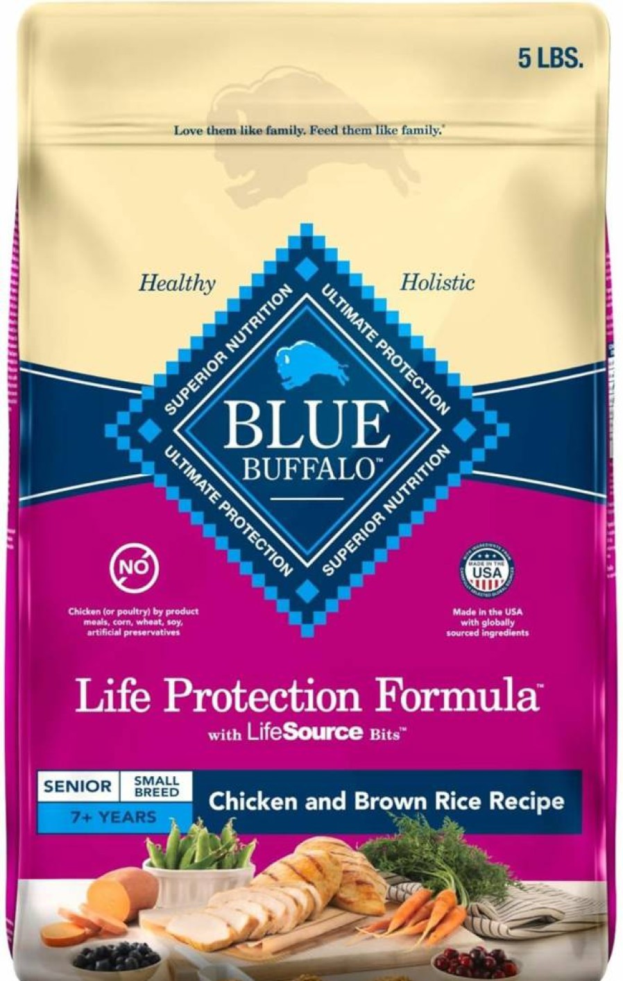 Blue Buffalo Small Breed Senior Dry Dog Food - Chicken & Brown Rice Recipe, Supports Joint Health & Immunity, Natural Ingredients, 5-Lb Bag