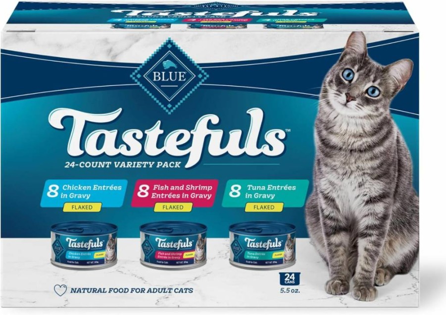 Blue Buffalo Tastefuls Natural Wet Cat Food Variety Pack - Tuna, Chicken, Fish & Shrimp in Gravy, 5.5-Oz Cans (12-Pack, 4 of Each Flavor)