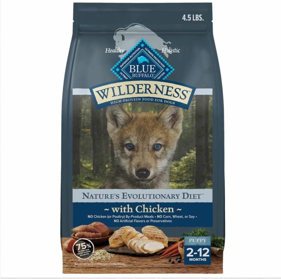 Blue Buffalo Wilderness High-Protein Natural Puppy Dry Food, Chicken Recipe, 4.5lb Bag – Grain-Free Dog Food for Puppies