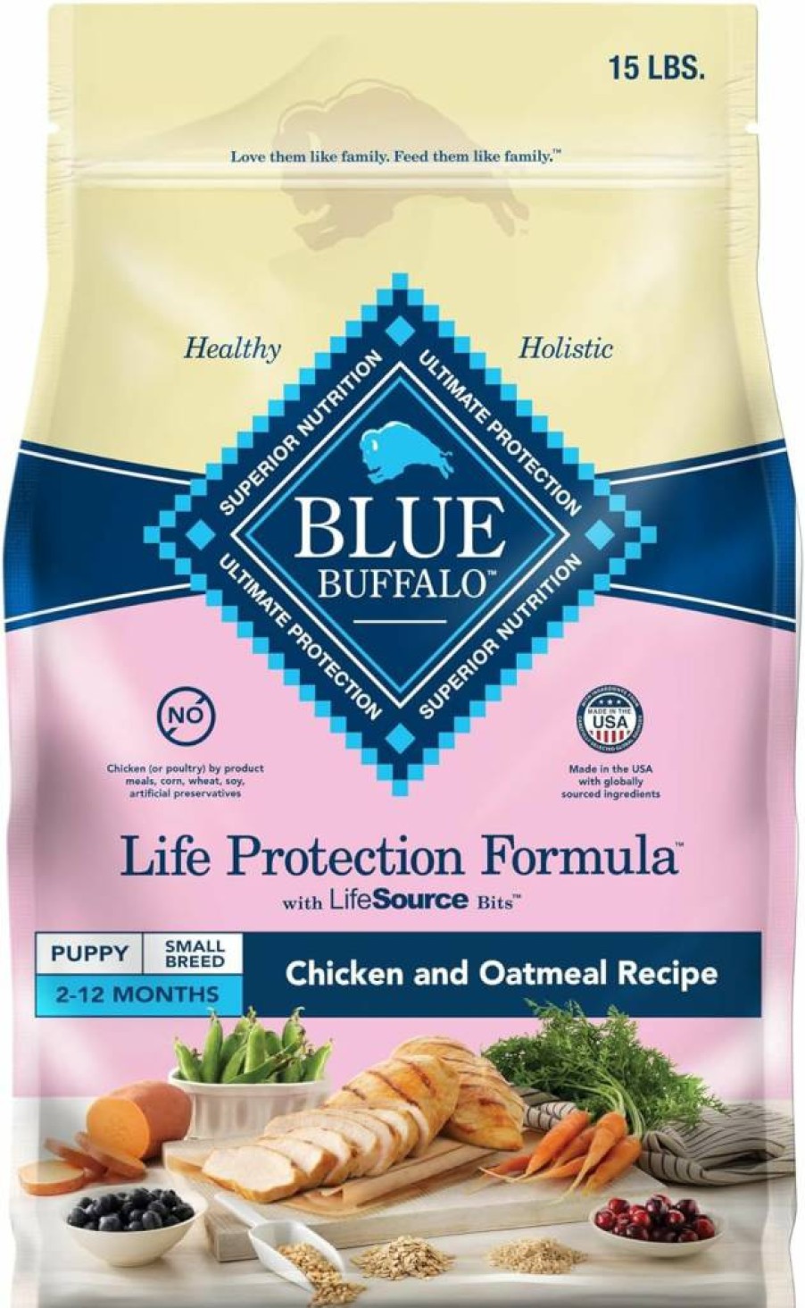Blue Buffalo Small Breed Puppy Dry Dog Food - Natural Chicken & Oatmeal Recipe with DHA, Antioxidants - 15lb Life Protection Formula