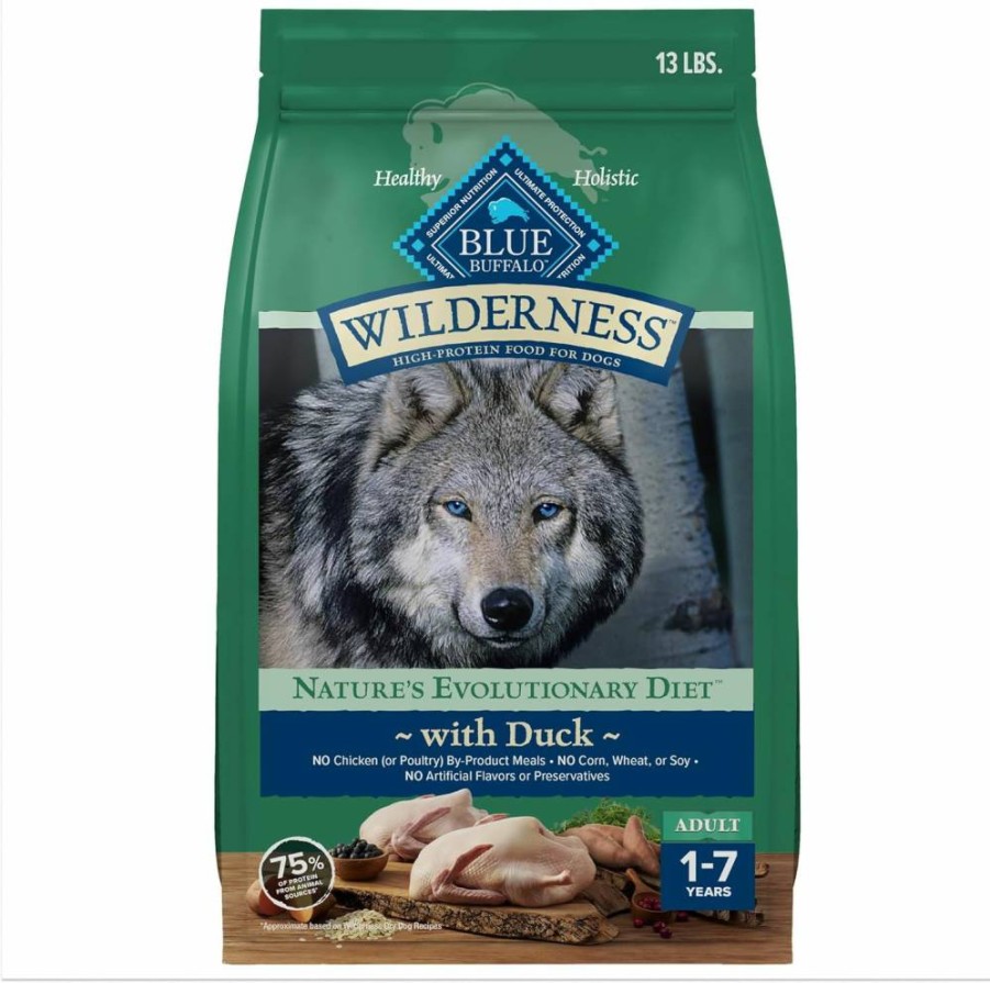 Blue Buffalo Wilderness High-Protein Natural Dry Dog Food for Adults with Duck & Wholesome Grains, 13 lb Bag