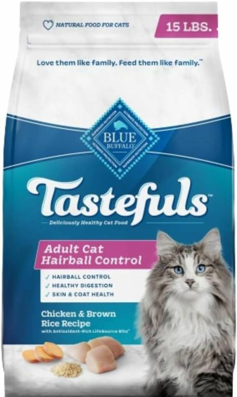 Blue Buffalo Tastefuls Natural Adult Cat Food for Hairball Control - Chicken & Brown Rice Recipe, 7 lb Dry Food Bag