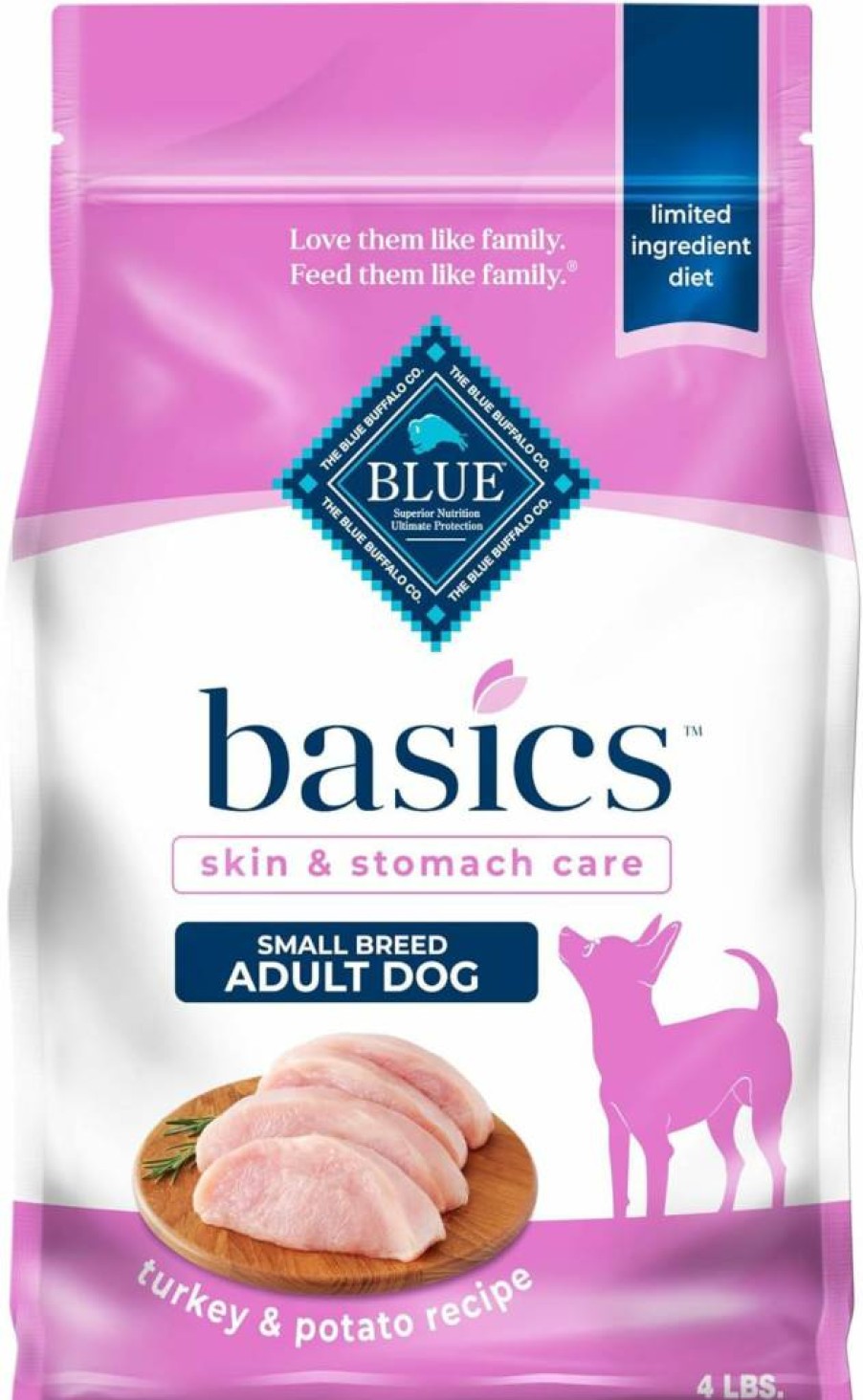 Blue Buffalo Basics Limited Ingredient Dry Dog Food for Small Breeds - Turkey & Potato Recipe, Skin & Stomach Care, Natural Ingredients, Made in USA, 4lb Bag