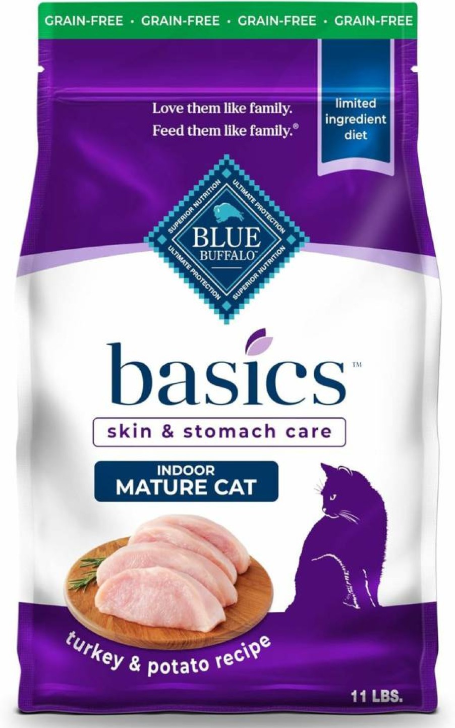 Blue Buffalo Basics Grain-Free Limited Ingredient Dry Cat Food for Mature Indoor Cats - Turkey & Potato Recipe, Skin & Stomach Care, 5lb Bag