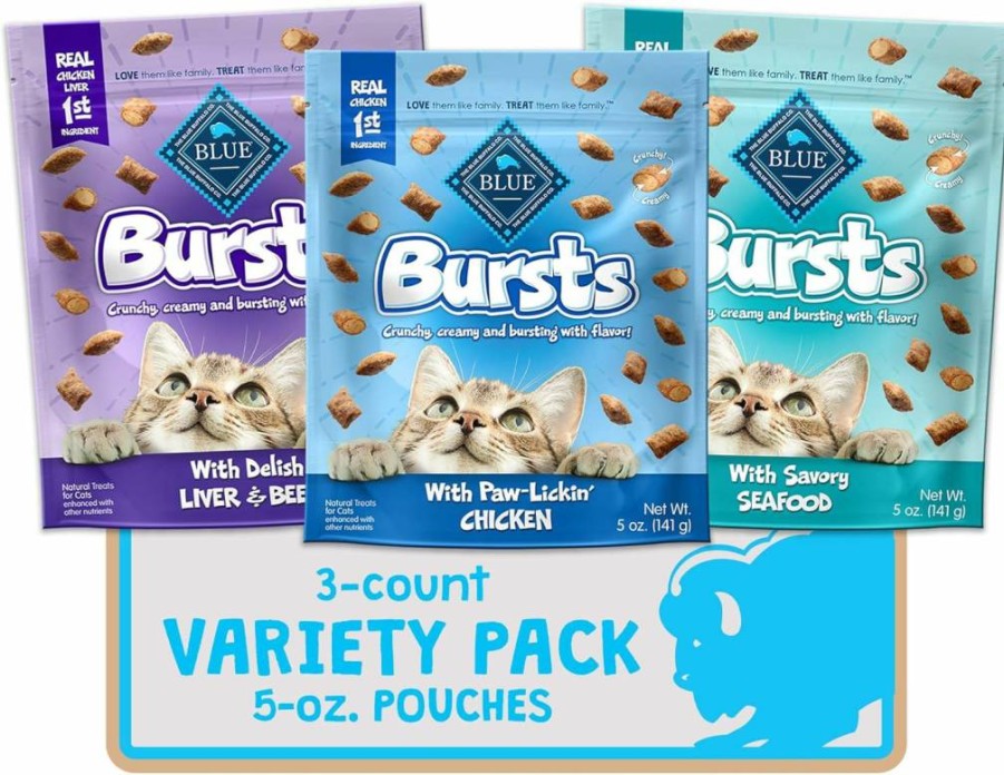 Blue Buffalo Crunchy Cat Treats Variety Pack - Chicken, Chicken Liver, Beef & Seafood Flavors, 5-Oz Bags (3 Count)