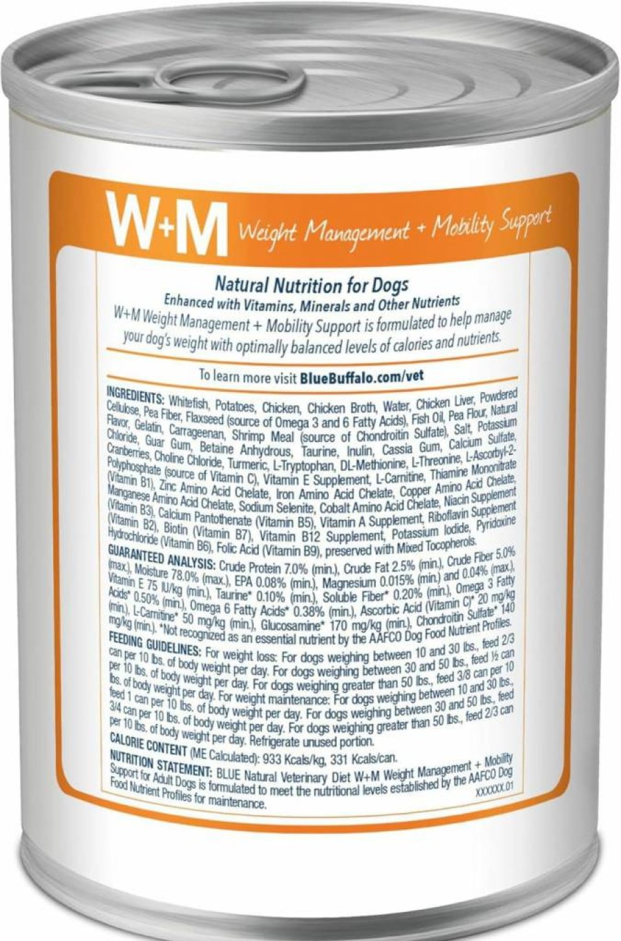 Blue Buffalo W+M Veterinary Diet Wet Dog Food - Weight Management & Mobility Formula, Whitefish Recipe, 12.5-Oz Cans (Pack of 12) - Vet Prescription Required