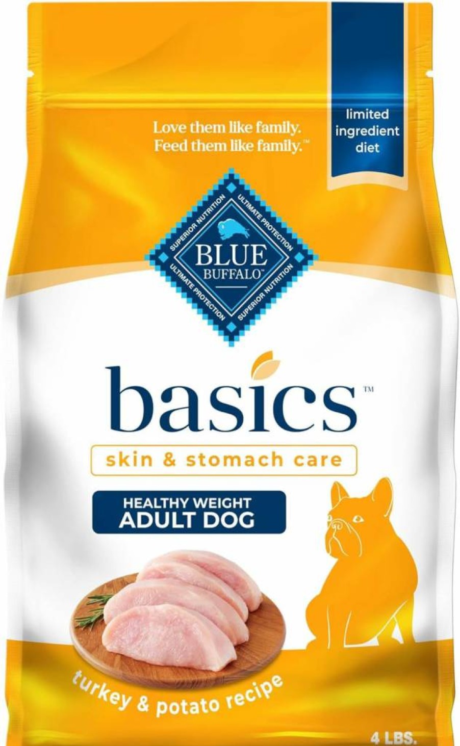 Blue Buffalo Basics Natural Adult Dry Dog Food for Skin & Stomach Care, Healthy Weight Formula with Turkey & Potato, 24lb Bag