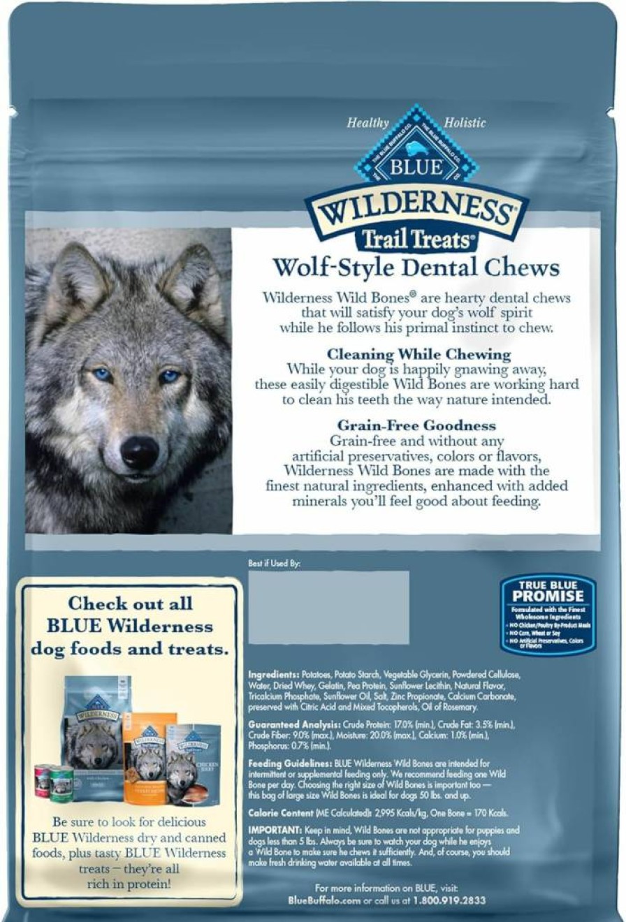 Blue Buffalo Wilderness Wild Bones Large Grain-Free Dental Dog Chews, Natural Ingredients for Large Dogs, 10-Oz Bag