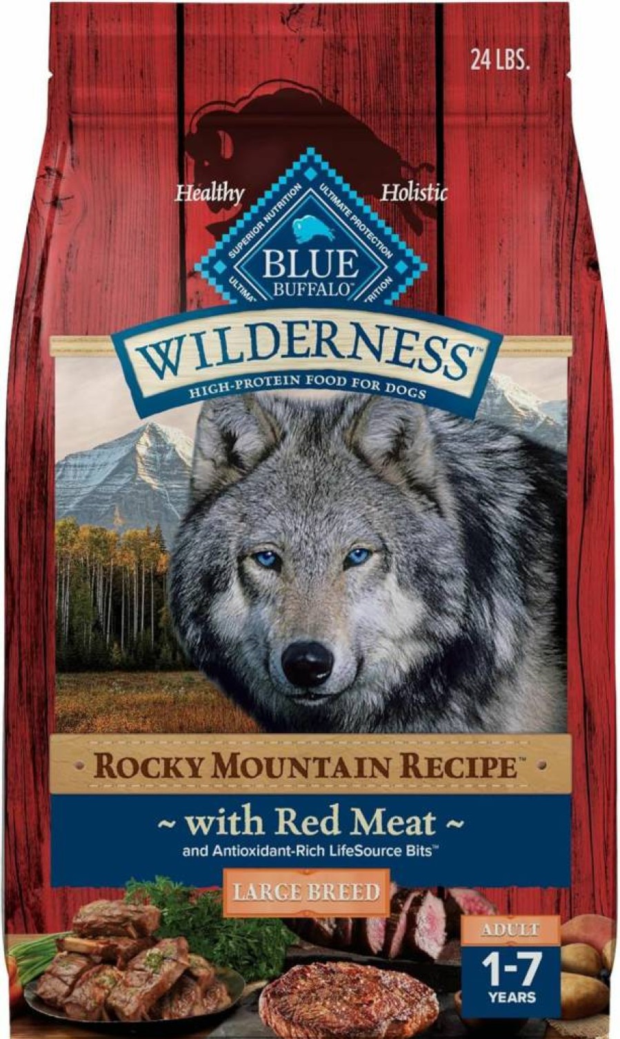 Blue Buffalo Wilderness High-Protein Large Breed Adult Dry Dog Food, Rocky Mountain Recipe with Red Meat & Wholesome Grains, 24-Lb Bag, Made in USA