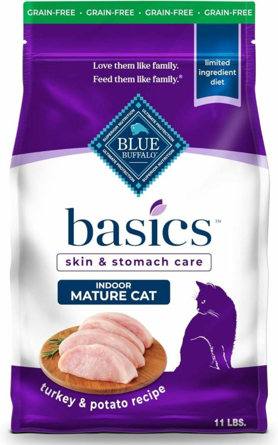 Blue Buffalo Basics Grain-Free Limited Ingredient Dry Cat Food for Mature Indoor Cats - Turkey & Potato Recipe, Skin & Stomach Care, 11 lb Bag