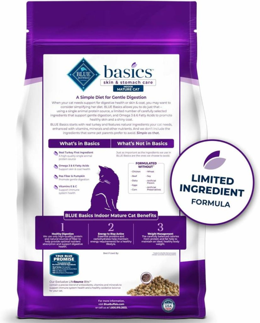 Blue Buffalo Basics Grain-Free Limited Ingredient Dry Cat Food for Mature Indoor Cats - Turkey & Potato Recipe, Skin & Stomach Care, 11 lb Bag