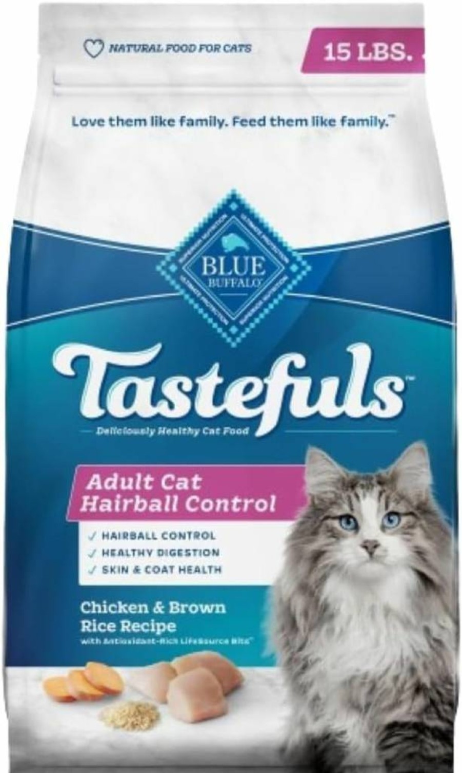 Blue Buffalo Tastefuls Natural Adult Cat Food - Hairball Control, Chicken & Brown Rice Recipe, 15lb Dry Food Bag