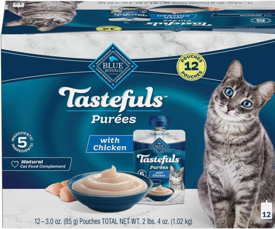 Blue Buffalo Tastefuls Natural Cat Food Complement - Chicken & Tuna Puree Variety Pack (12 Count, 3-Oz Resealable Pouches, 6 Each Flavor)