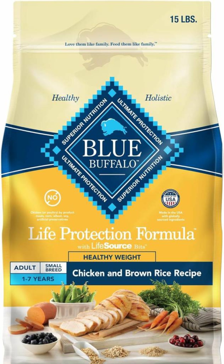 Blue Buffalo Healthy Weight Small Breed Dry Dog Food, Natural Chicken & Brown Rice Recipe, 15lb Bag – Supports Ideal Weight with Life Protection Formula