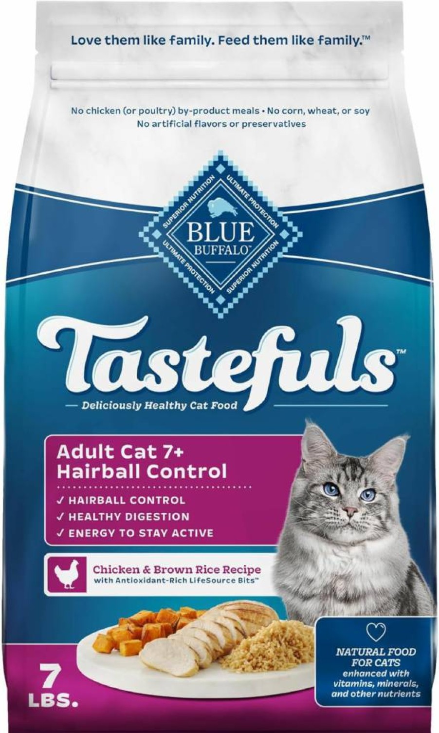 Blue Buffalo Tastefuls Natural Adult Cat Food 7+ Years, Hairball Control, Chicken & Brown Rice Recipe, 7lb Dry Food Bag