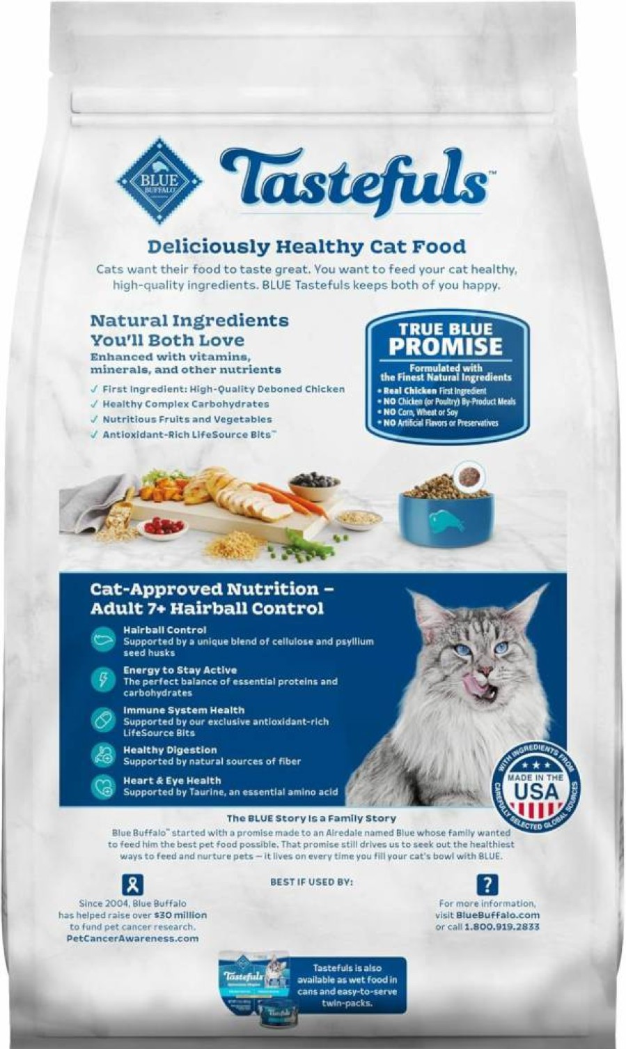 Blue Buffalo Tastefuls Natural Adult Cat Food 7+ Years, Hairball Control, Chicken & Brown Rice Recipe, 7lb Dry Food Bag