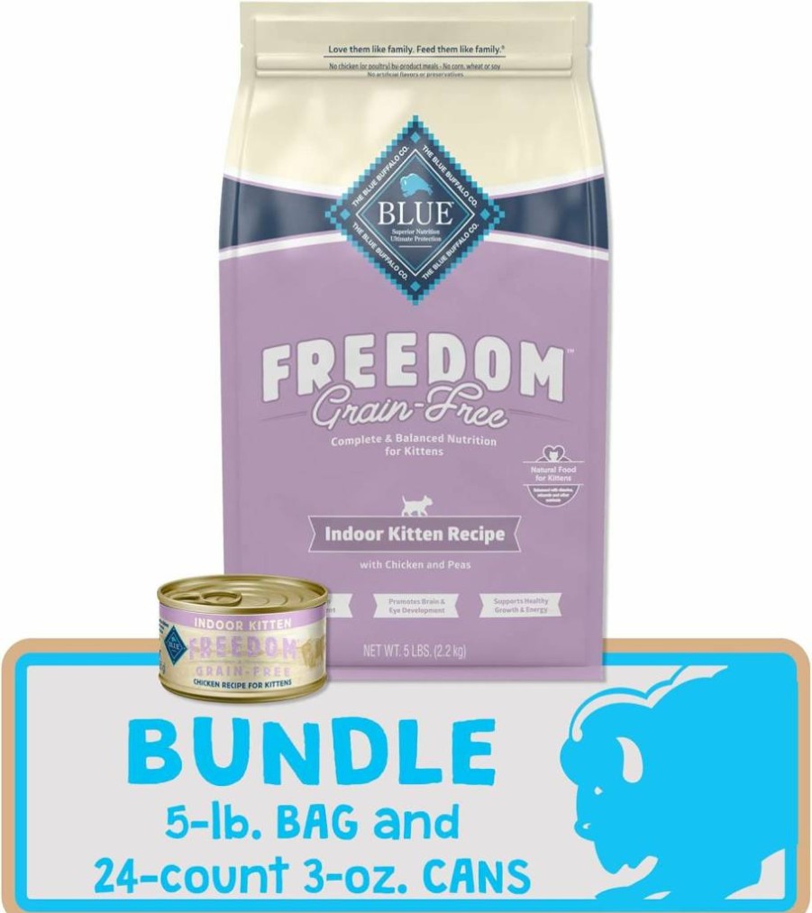 Blue Buffalo Freedom Grain Free Indoor Kitten Food Bundle - Chicken Recipe Dry & Wet Cat Food (5 lb Bag + 24 Pack 3 oz Cans)