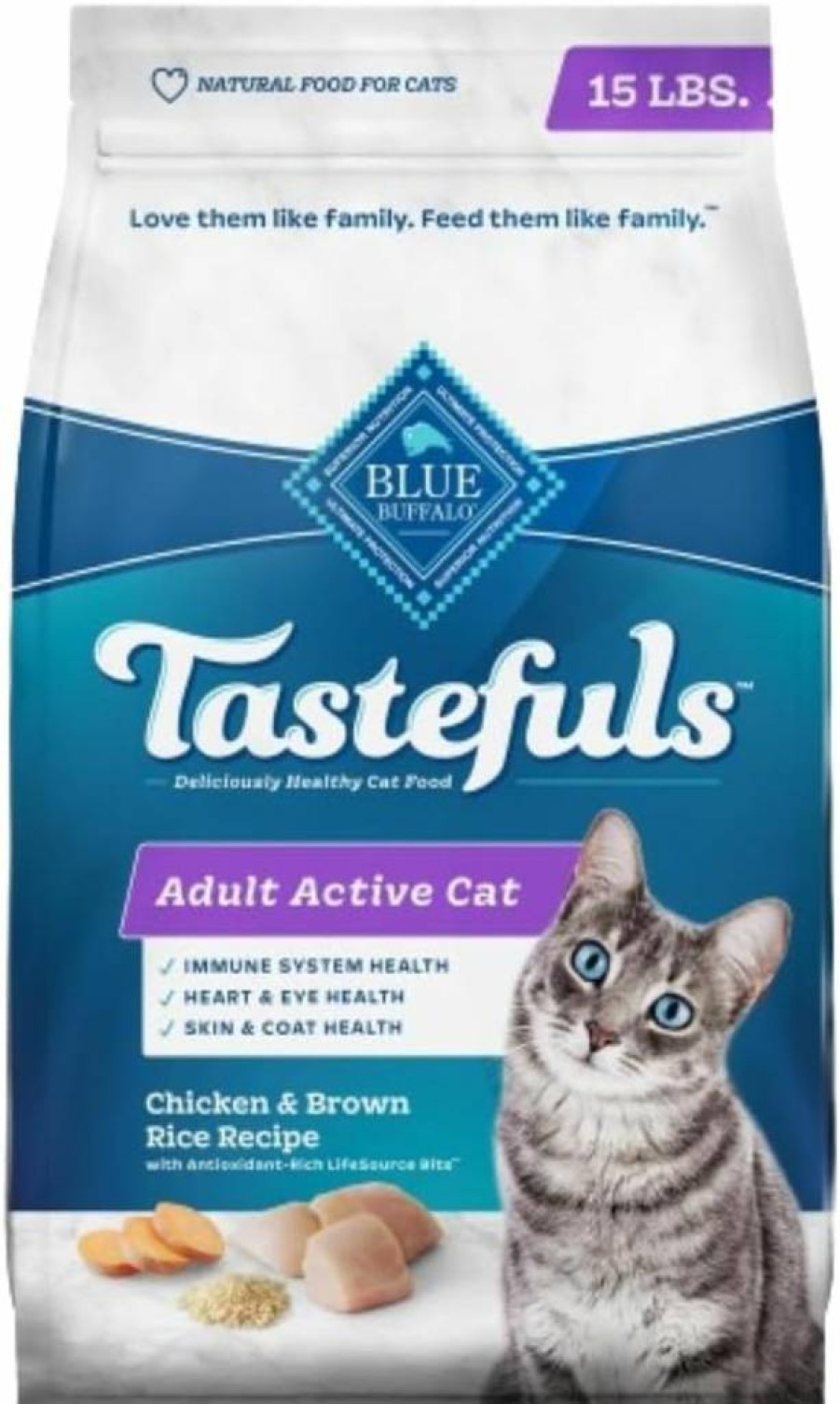 Blue Buffalo Tastefuls Natural Adult Dry Cat Food, Chicken & Brown Rice Recipe, 15 lb Bag for Active Cats