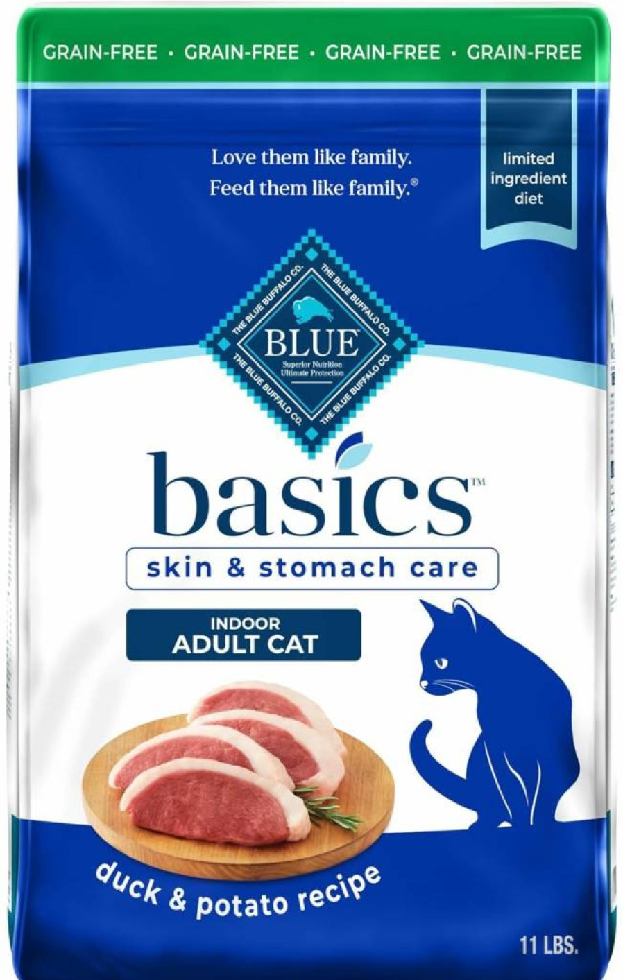 Blue Buffalo Basics Limited Ingredient Grain-Free Dry Cat Food - Duck & Potato Recipe for Indoor Cats, Skin & Stomach Care, 11lb Bag