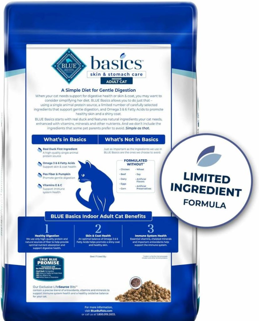 Blue Buffalo Basics Limited Ingredient Grain-Free Dry Cat Food - Duck & Potato Recipe for Indoor Cats, Skin & Stomach Care, 11lb Bag