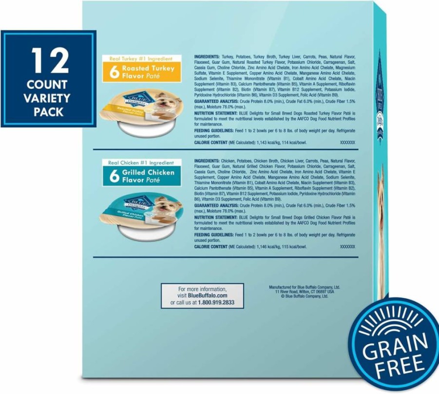 Blue Buffalo Delights Small Breed Wet Dog Food Variety Pack - Roasted Turkey & Grilled Chicken Pate, 3.5-Oz Cups (12 Count)