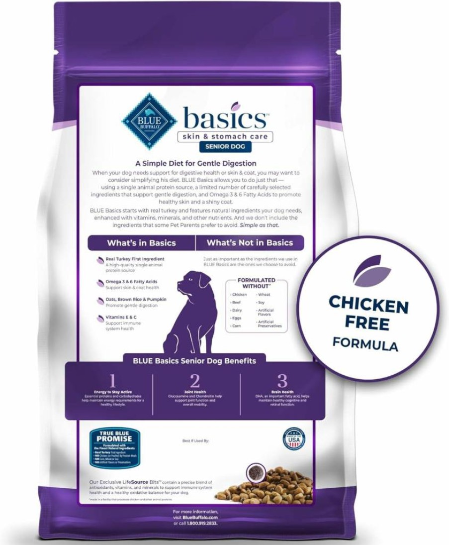 Blue Buffalo Basics Limited Ingredient Grain-Free Senior Dry Dog Food, Turkey Recipe for Skin & Stomach Care, 24-Lb Bag