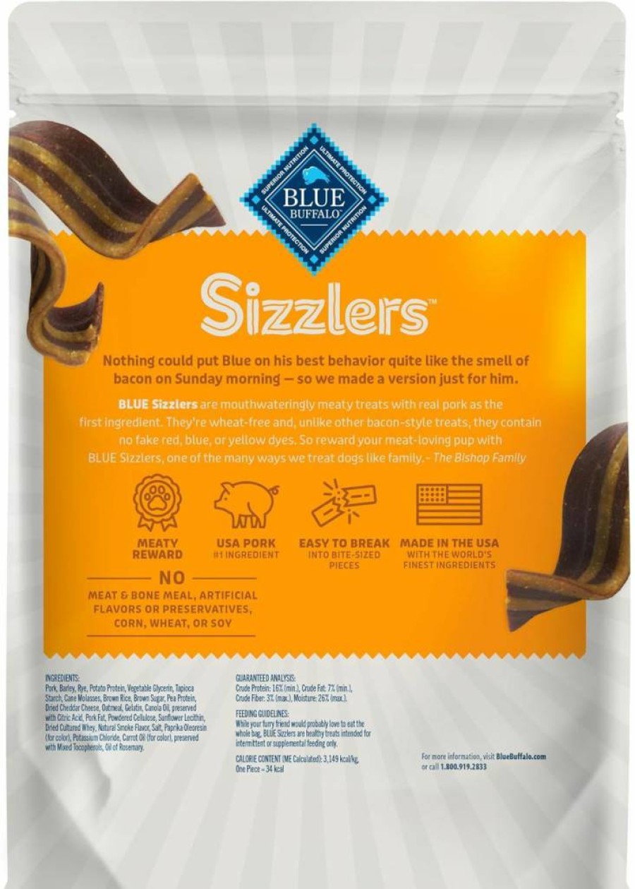 Blue Buffalo Sizzlers Natural Bacon-Flavored Soft Dog Treats with Real USA Pork, 6-Oz Bag – Original Flavor Soft-Moist Training Snacks for Dogs