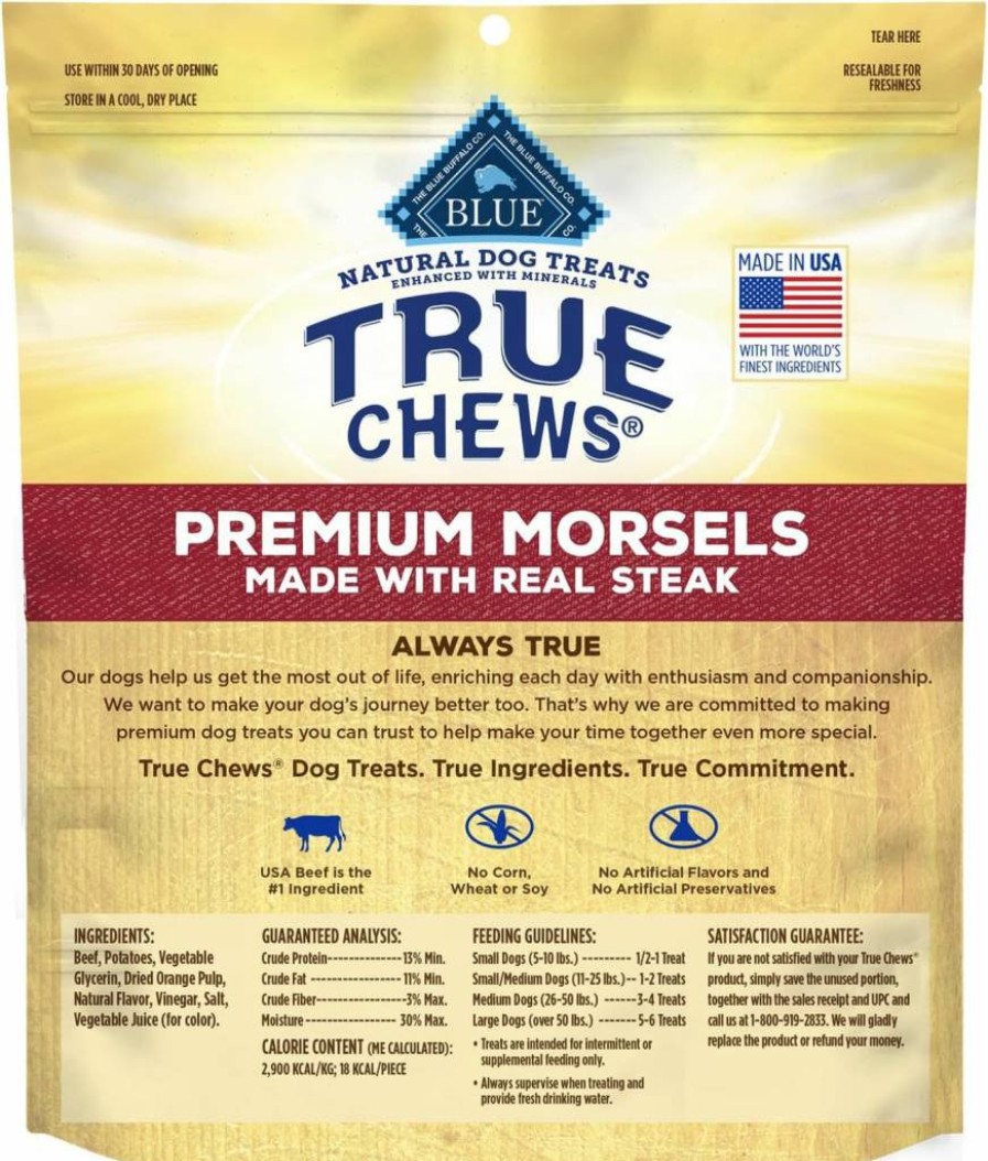 Blue Buffalo True Chews Natural Steak Dog Treats, Premium Morsels for Dogs, Made in USA, 10-Oz Bag