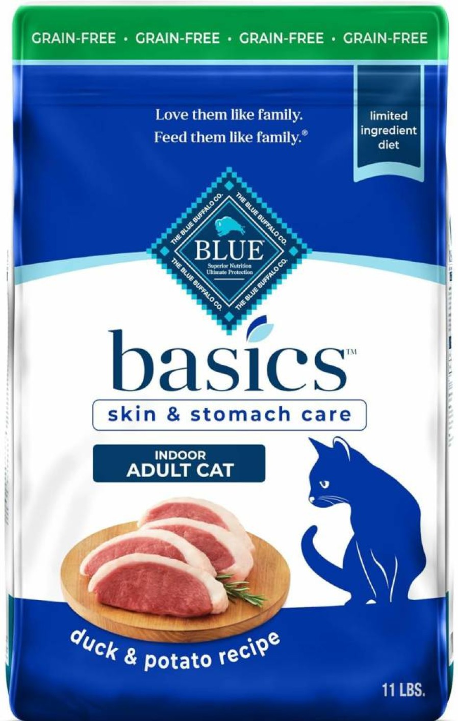 Blue Buffalo Basics Limited Ingredient Grain-Free Dry Cat Food for Indoor Cats - Duck & Potato Recipe, Skin & Stomach Care, 5lb Bag