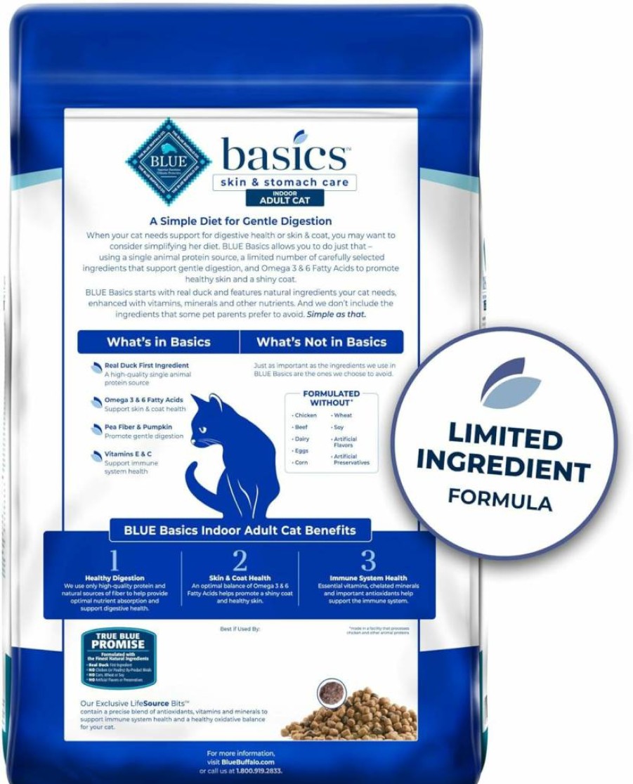 Blue Buffalo Basics Limited Ingredient Grain-Free Dry Cat Food for Indoor Cats - Duck & Potato Recipe, Skin & Stomach Care, 5lb Bag