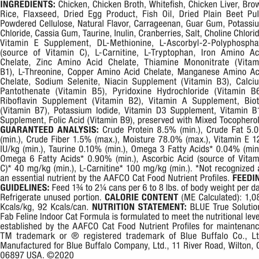 Blue Buffalo True Solutions Fab Feline Natural Adult Indoor Cat Food, Chicken Recipe in 3-Oz Cans (24-Pack)