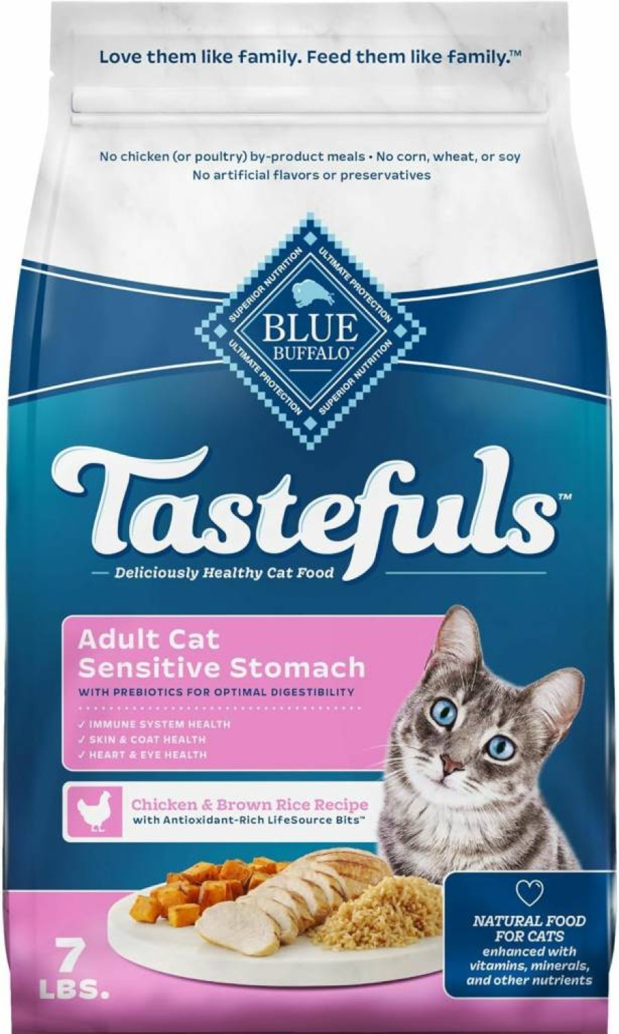 Blue Buffalo Tastefuls Sensitive Stomach Adult Dry Cat Food, Natural Chicken Recipe, 7lb Bag – Made in USA with High-Quality Ingredients