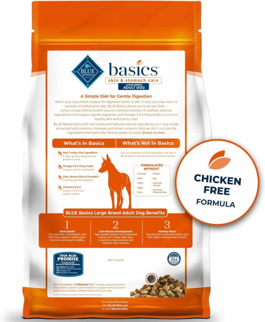 Blue Buffalo Basics Limited Ingredient Grain-Free Large Breed Adult Dry Dog Food - Turkey Recipe, 24lb Bag for Skin & Stomach Care