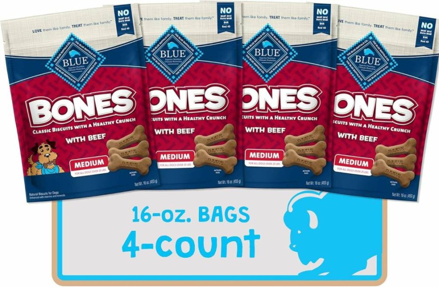 Blue Buffalo Natural Crunchy Beef Dog Treats, Medium Biscuits, 16Oz Bag (4-Pack)