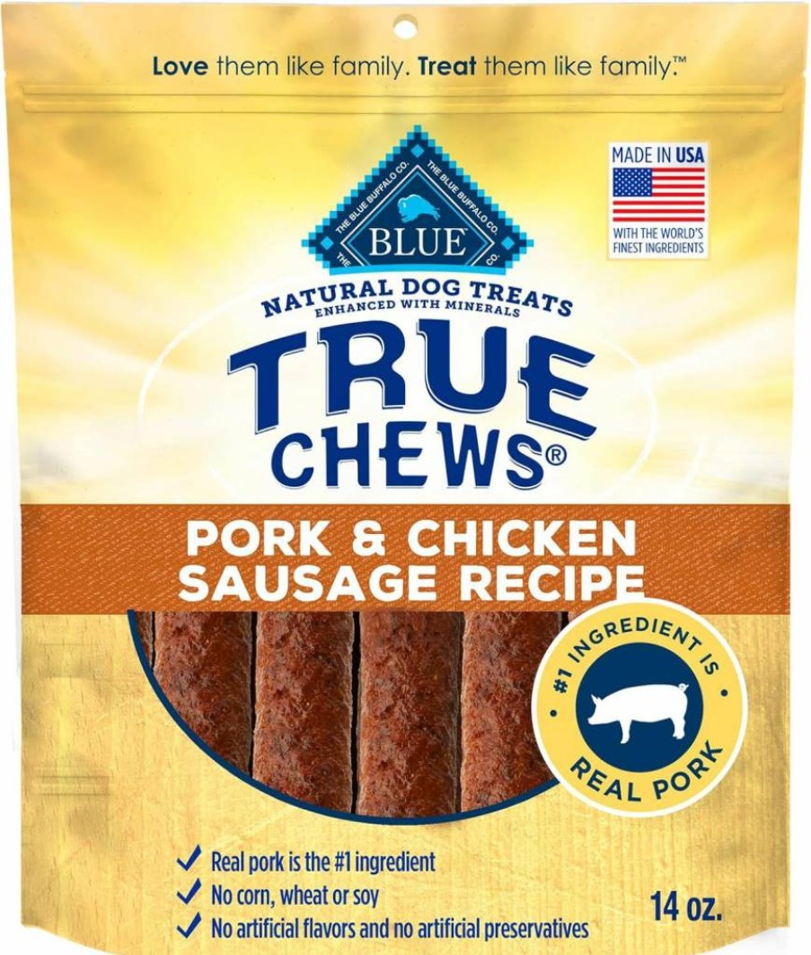 Blue Buffalo True Chews Natural Dog Treats, Pork & Chicken Sausage Recipe, 14oz USA-Made, Grain-Free