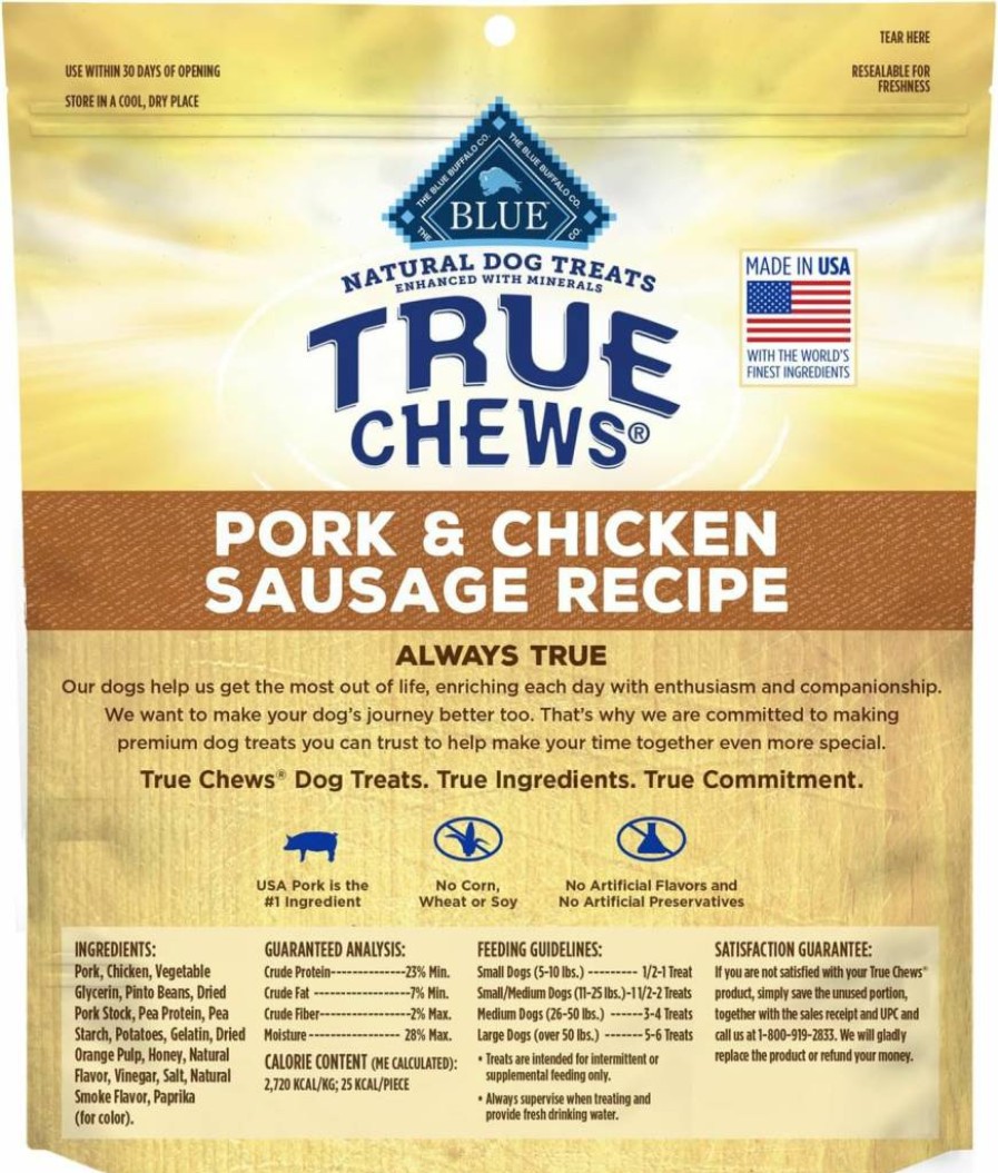 Blue Buffalo True Chews Natural Dog Treats, Pork & Chicken Sausage Recipe, 14oz USA-Made, Grain-Free