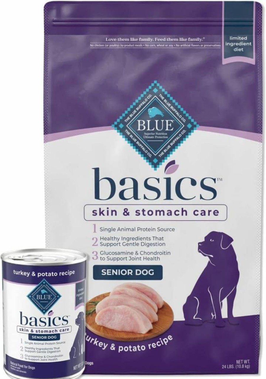 Blue Buffalo Basics Limited Ingredient Diet Senior Dog Food Bundle - Natural Dry & Wet Dog Food with Turkey, 24-Lb Bag & 12.5-Oz Cans (12 Count)