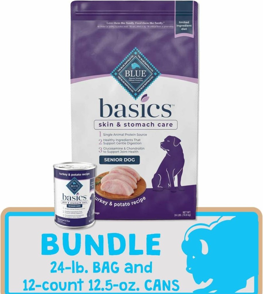 Blue Buffalo Basics Limited Ingredient Diet Senior Dog Food Bundle - Natural Dry & Wet Dog Food with Turkey, 24-Lb Bag & 12.5-Oz Cans (12 Count)