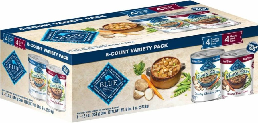 Blue Buffalo Natural Adult Wet Dog Food Variety Pack - Chicken & Beef Stew, 12.5-Oz Cans (8 Count, 4 Each Flavor) for Healthy Dogs