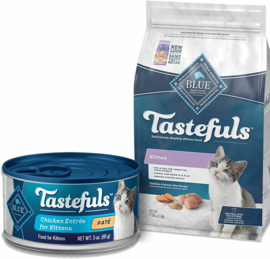 Blue Buffalo Tastefuls Natural Kitten Food Bundle - Chicken Recipe Dry & Wet Cat Food (7 lb Bag + 24 Pack 3 oz Cans)