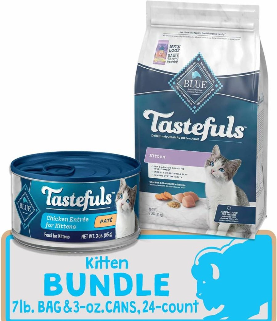 Blue Buffalo Tastefuls Natural Kitten Food Bundle - Chicken Recipe Dry & Wet Cat Food (7 lb Bag + 24 Pack 3 oz Cans)