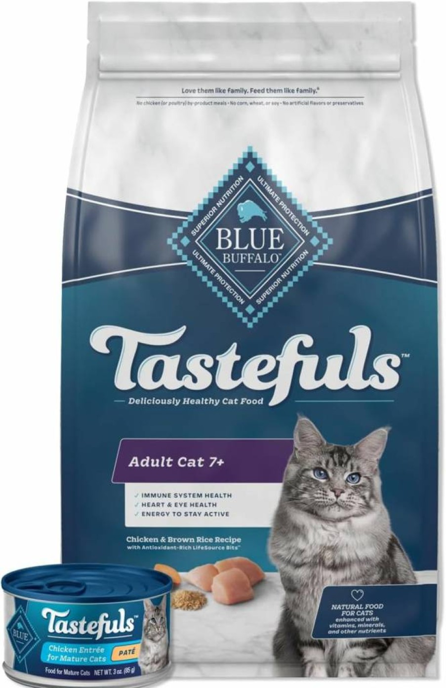 Blue Buffalo Tastefuls Natural Adult 7+ Cat Food Bundle - Chicken Recipe, 7 lb Dry Bag & 24 Pack of 3 oz Wet Cans