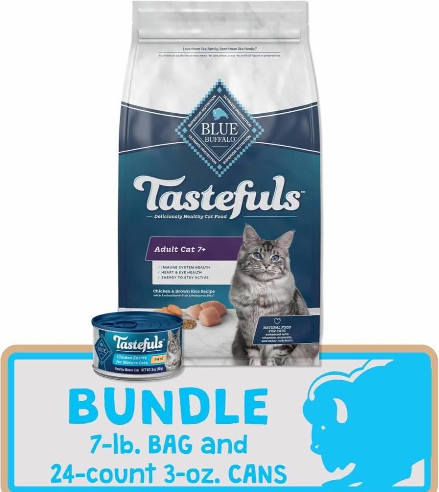 Blue Buffalo Tastefuls Natural Adult 7+ Cat Food Bundle - Chicken Recipe, 7 lb Dry Bag & 24 Pack of 3 oz Wet Cans