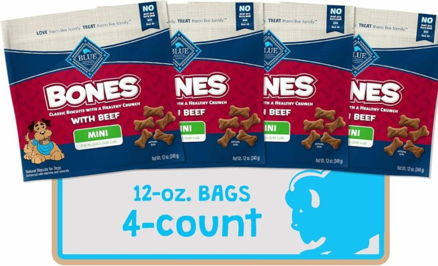 Blue Buffalo Natural Crunchy Mini Dog Biscuits Beef Recipe Dog Treats, 12oz Bags (4-Pack)