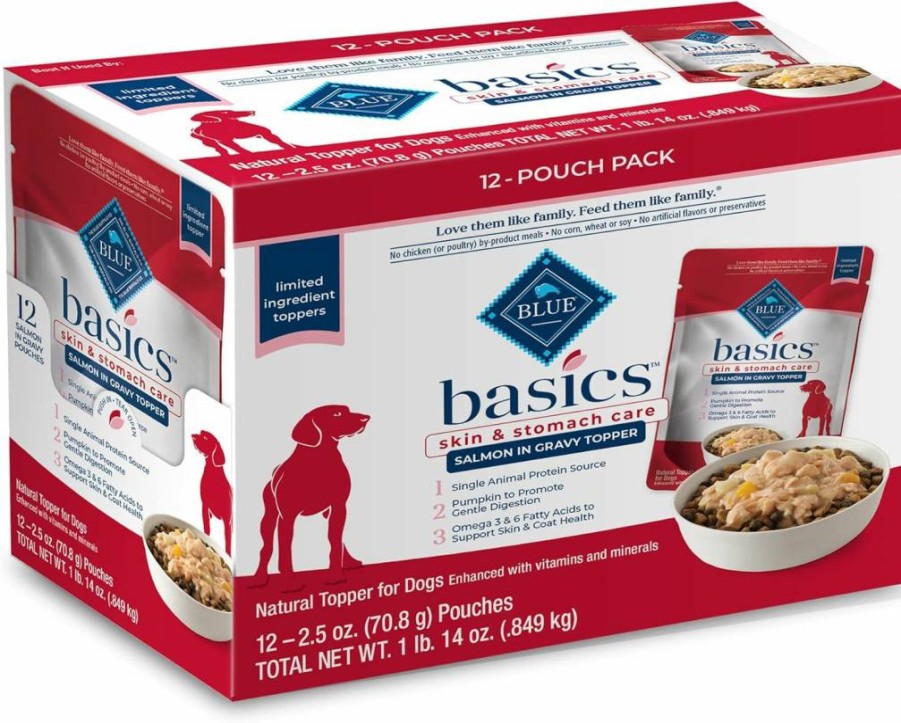 Blue Buffalo Basics Natural Wet Dog Food Topper for Skin & Stomach Care, Salmon in Gravy - 2.5oz Pouch (12 Pack)